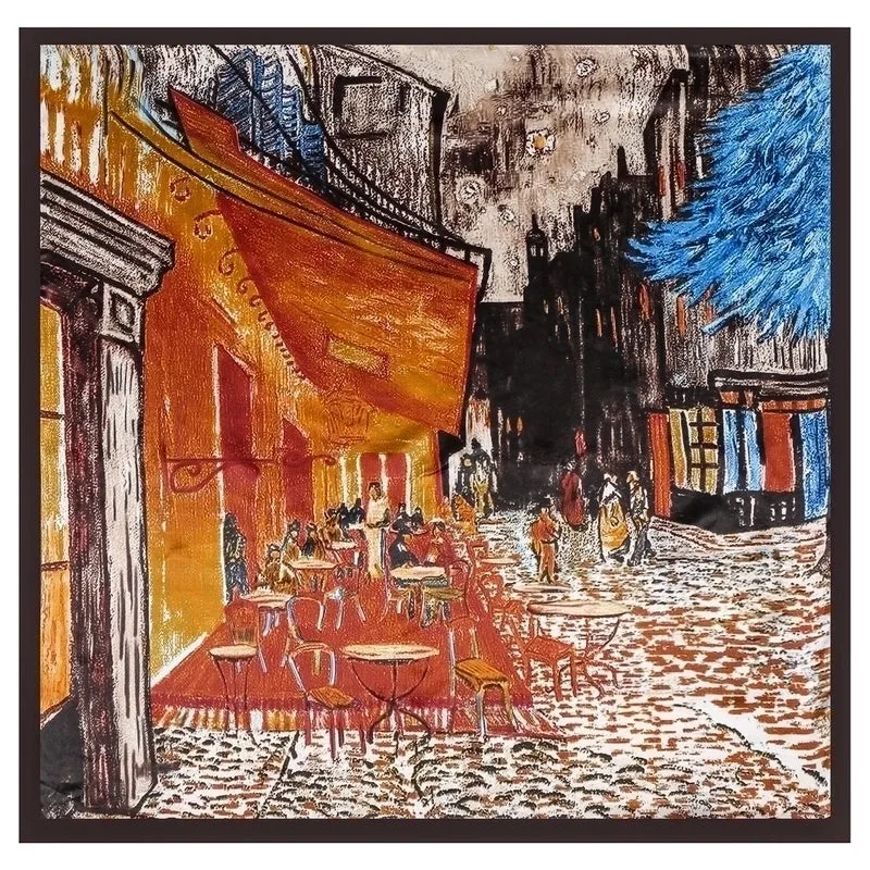 90cm Oil Painting Coffee House Alley Satin Ladies Large Square Scarf Wholesale
