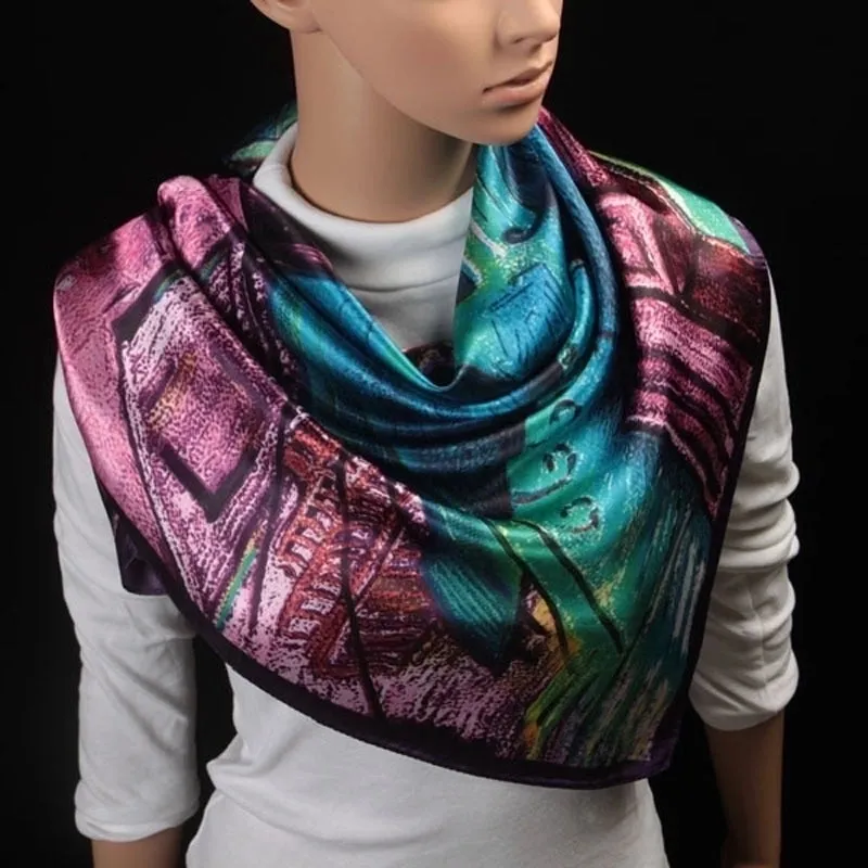90cm Oil Painting Coffee House Alley Satin Ladies Large Square Scarf Wholesale