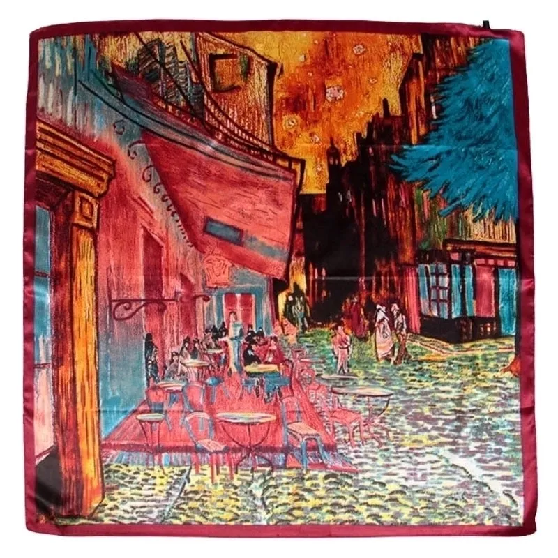 90cm Oil Painting Coffee House Alley Satin Ladies Large Square Scarf Wholesale