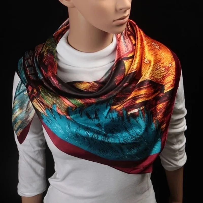 90cm Oil Painting Coffee House Alley Satin Ladies Large Square Scarf Wholesale