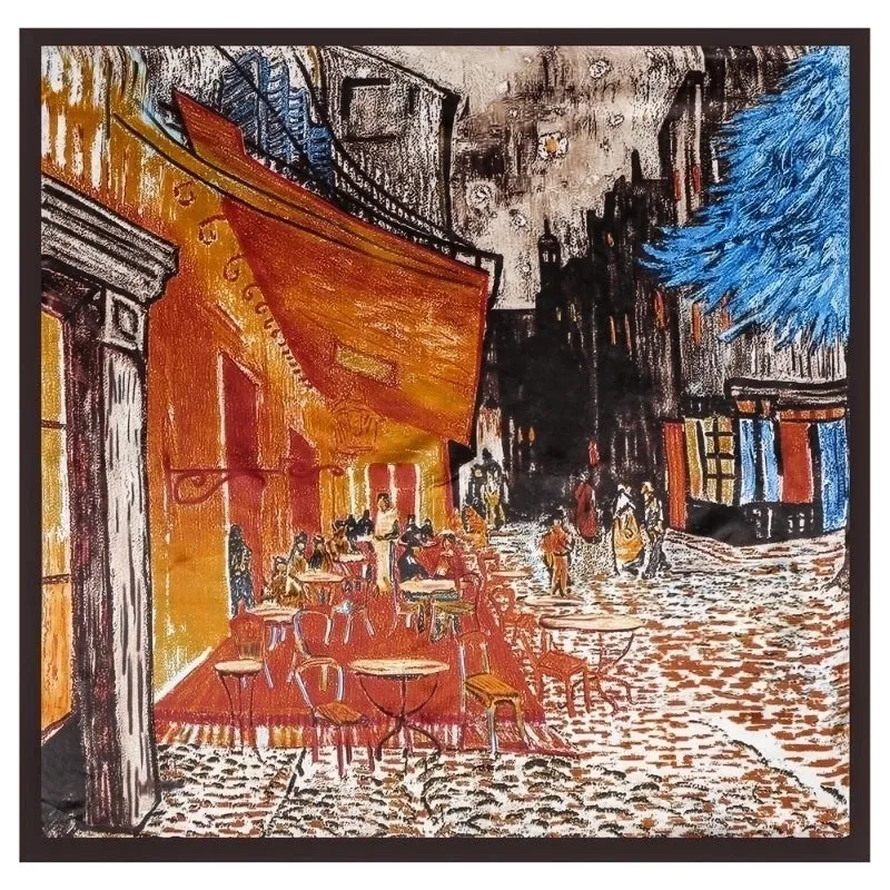 90cm Oil Painting Coffee House Alley Satin Ladies Large Square Scarf Wholesale