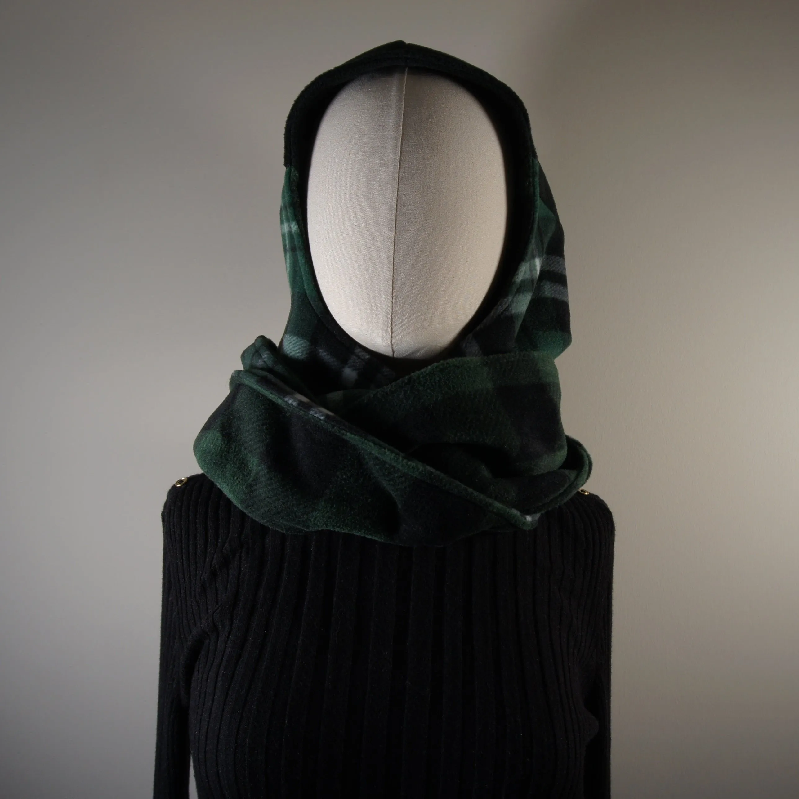 Accessories - Scarves - Hooded Wrap Scarf - Green Buffalo and Green and Black Plaid