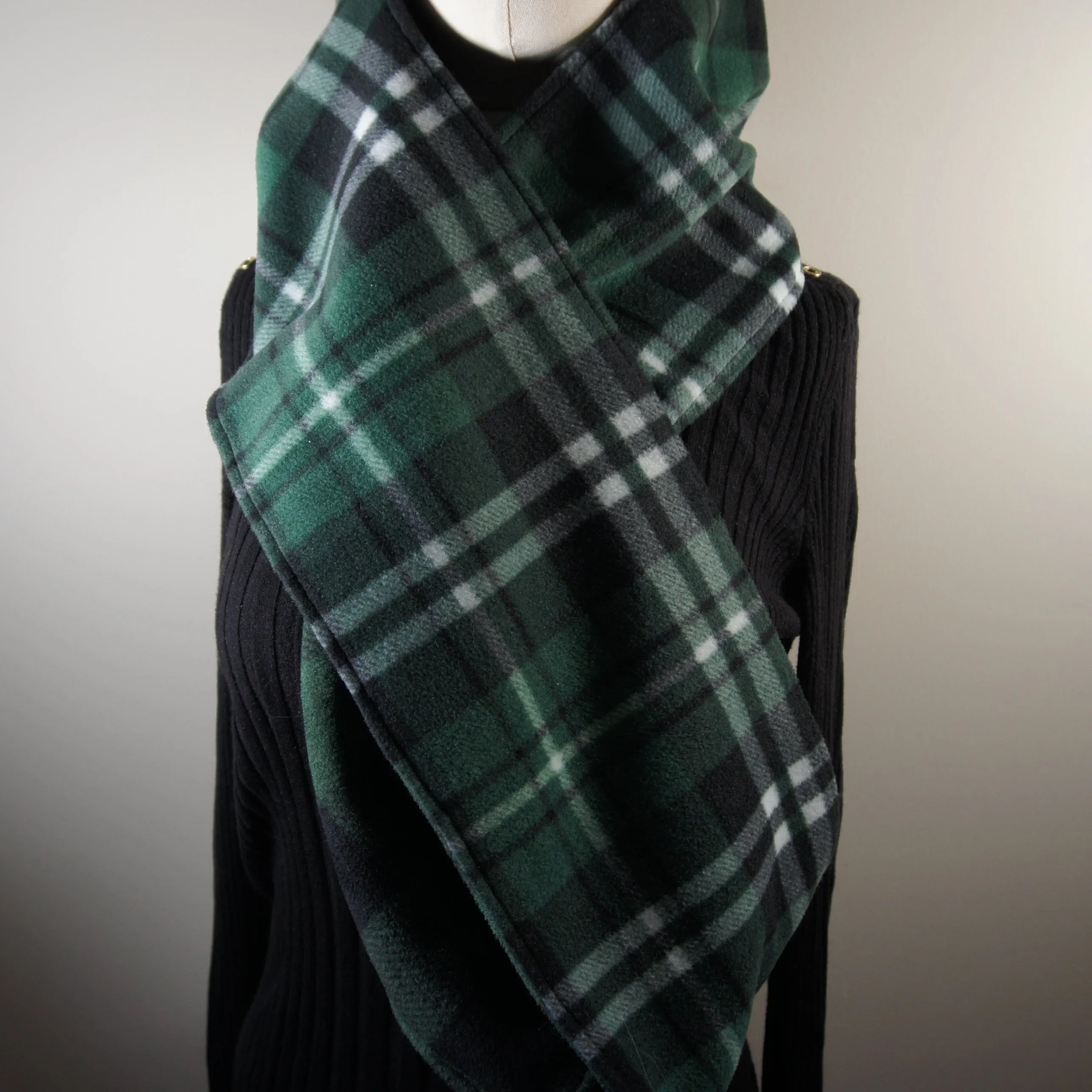 Accessories - Scarves - Hooded Wrap Scarf - Green Buffalo and Green and Black Plaid