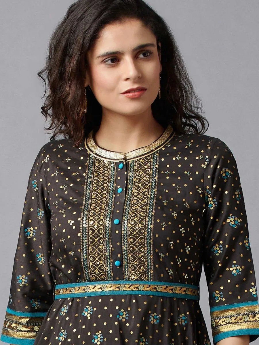AURELIA Women Black & Gold-Toned Embellished A-Line Midi Dress