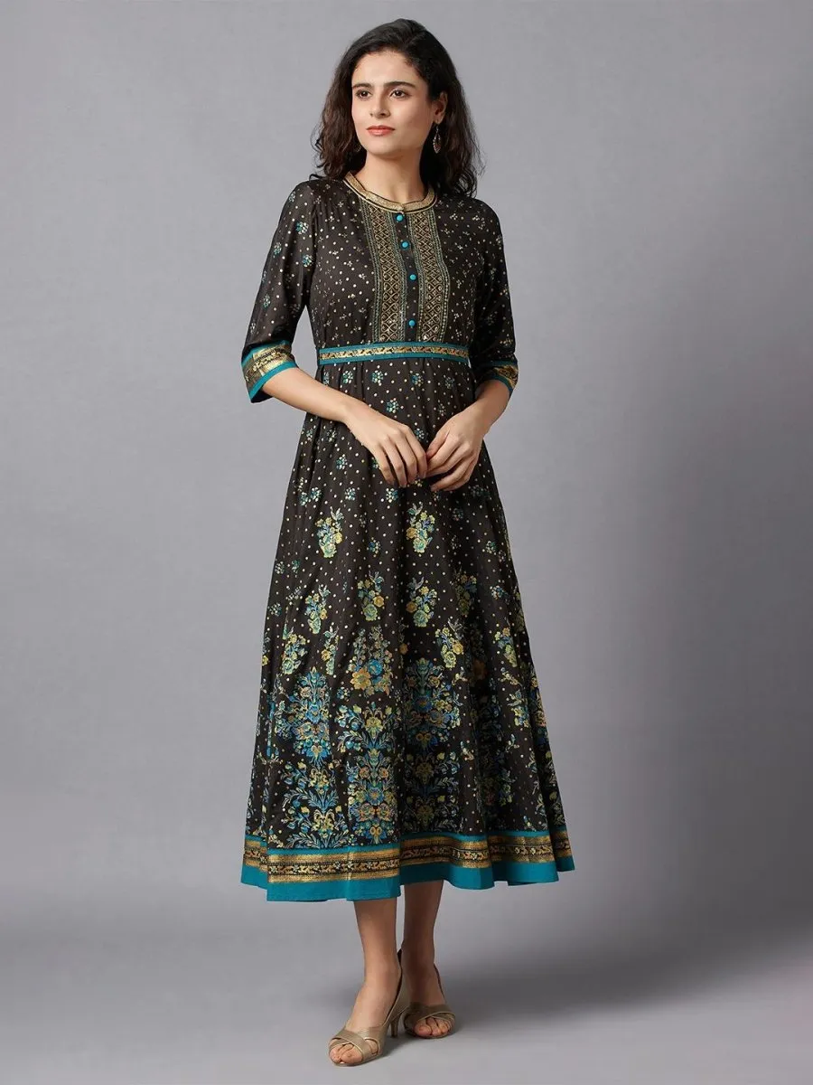 AURELIA Women Black & Gold-Toned Embellished A-Line Midi Dress