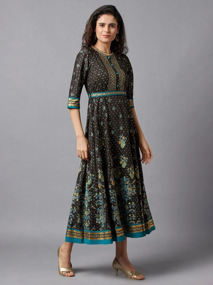 AURELIA Women Black & Gold-Toned Embellished A-Line Midi Dress