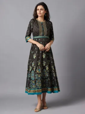 AURELIA Women Black & Gold-Toned Embellished A-Line Midi Dress