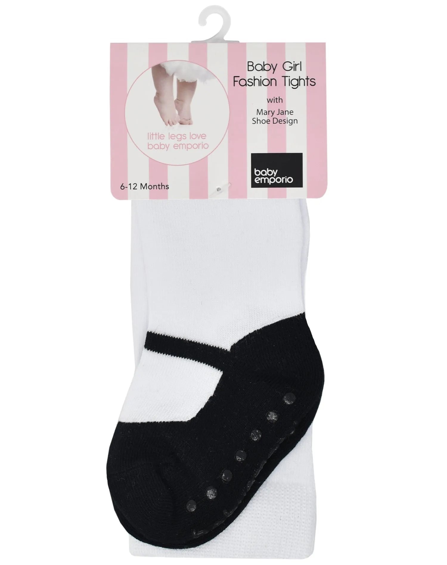 Baby girl tights with black Mary Jane shoe-look design. Comfort waist & anti-slip soles.  6-12 months