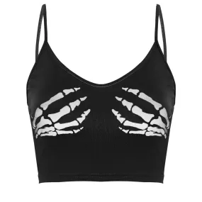 Club Women Summer Crop Top Camis Black Sleeveless Human Skeleton Skull Hand Printed Tights Vest