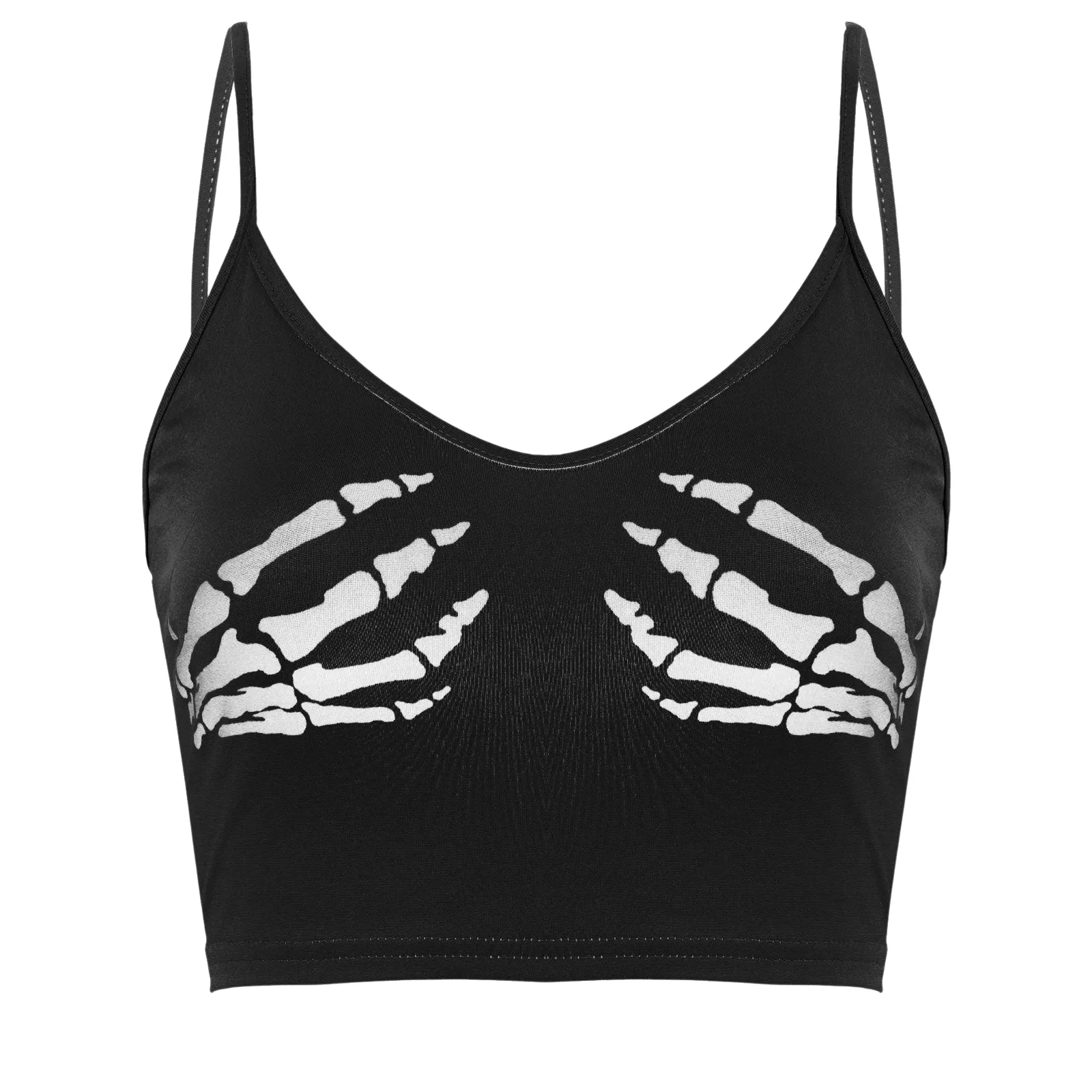 Club Women Summer Crop Top Camis Black Sleeveless Human Skeleton Skull Hand Printed Tights Vest