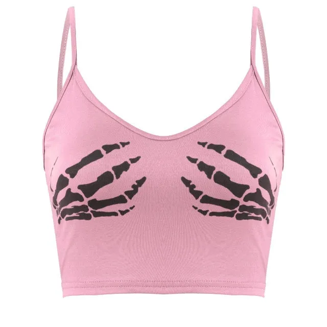 Club Women Summer Crop Top Camis Black Sleeveless Human Skeleton Skull Hand Printed Tights Vest