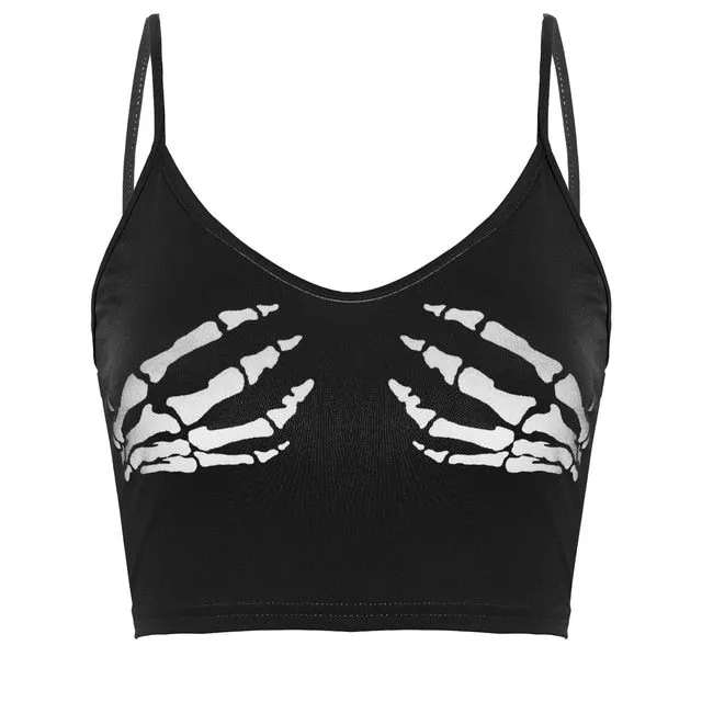 Club Women Summer Crop Top Camis Black Sleeveless Human Skeleton Skull Hand Printed Tights Vest