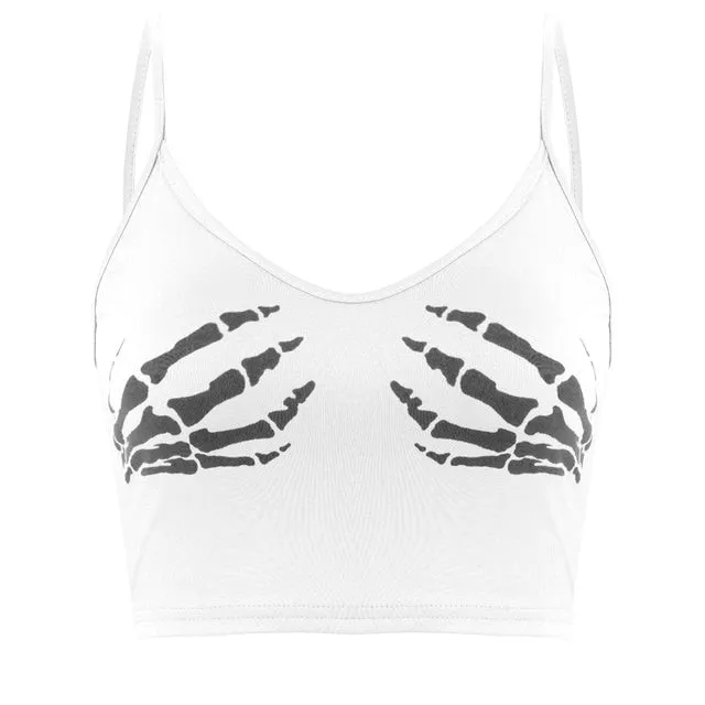 Club Women Summer Crop Top Camis Black Sleeveless Human Skeleton Skull Hand Printed Tights Vest