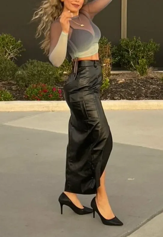 Flap Pocket Split Thigh Leather Skirt