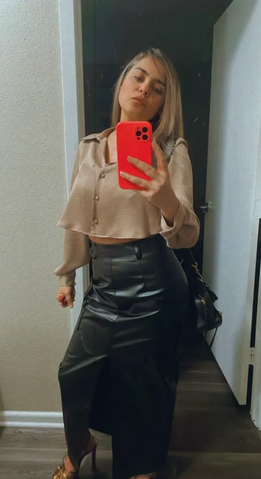 Flap Pocket Split Thigh Leather Skirt