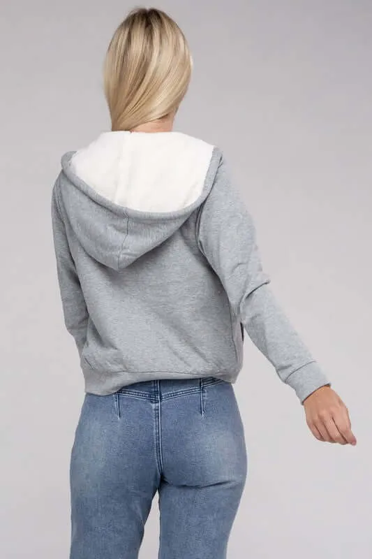 Fuzzy Trim Zip-Up Crop Hoodie Jacket