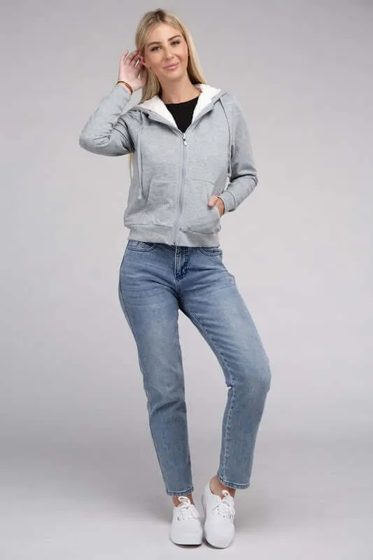 Fuzzy Trim Zip-Up Crop Hoodie Jacket