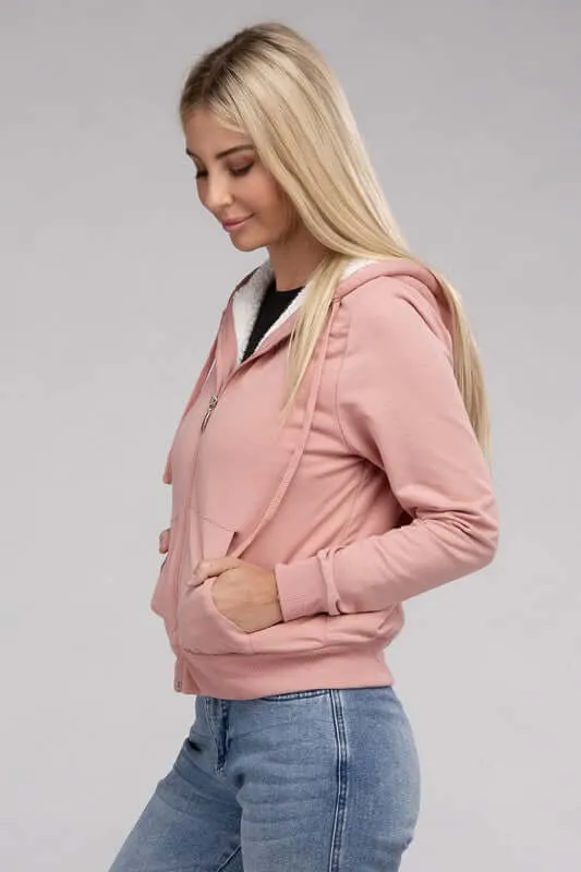 Fuzzy Trim Zip-Up Crop Hoodie Jacket