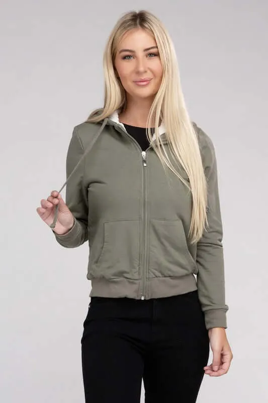Fuzzy Trim Zip-Up Crop Hoodie Jacket