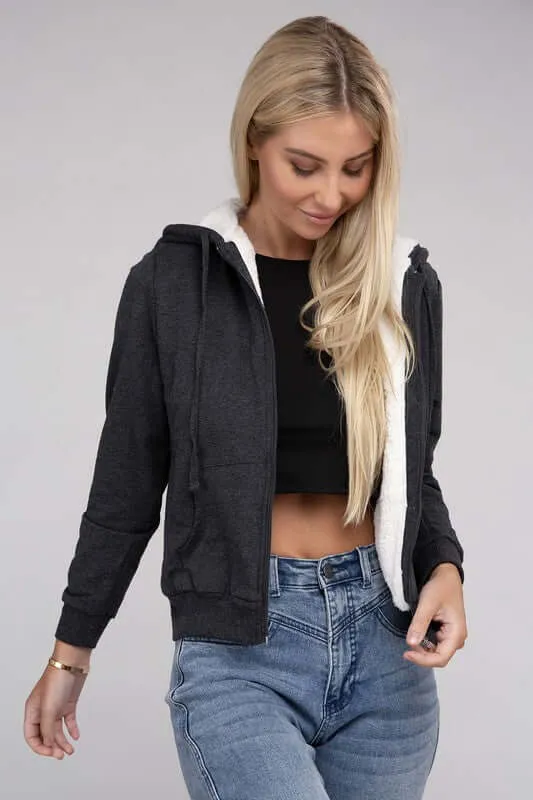 Fuzzy Trim Zip-Up Crop Hoodie Jacket