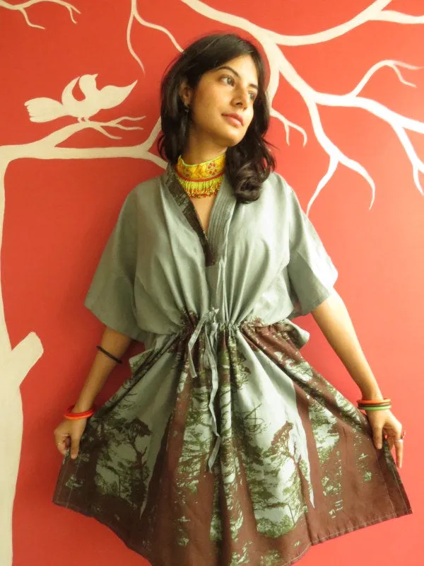 Gray Tree V-Neck, Knee Length, Cinched Waist Caftan-M1 fabric Code