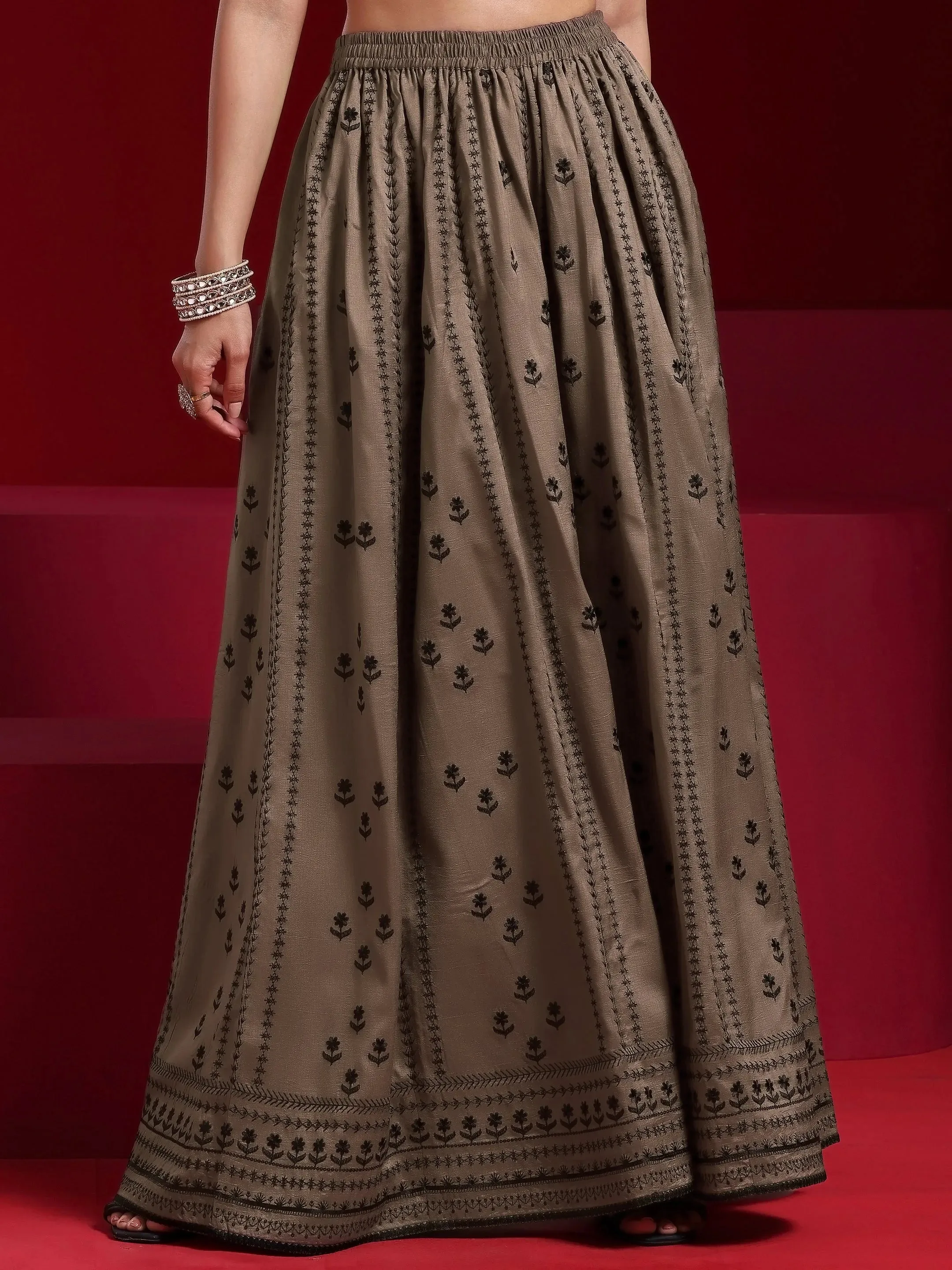 Jashvi Art Brown Embroidered Silk Blend A-Line Kurta With Sharara & Dupatta