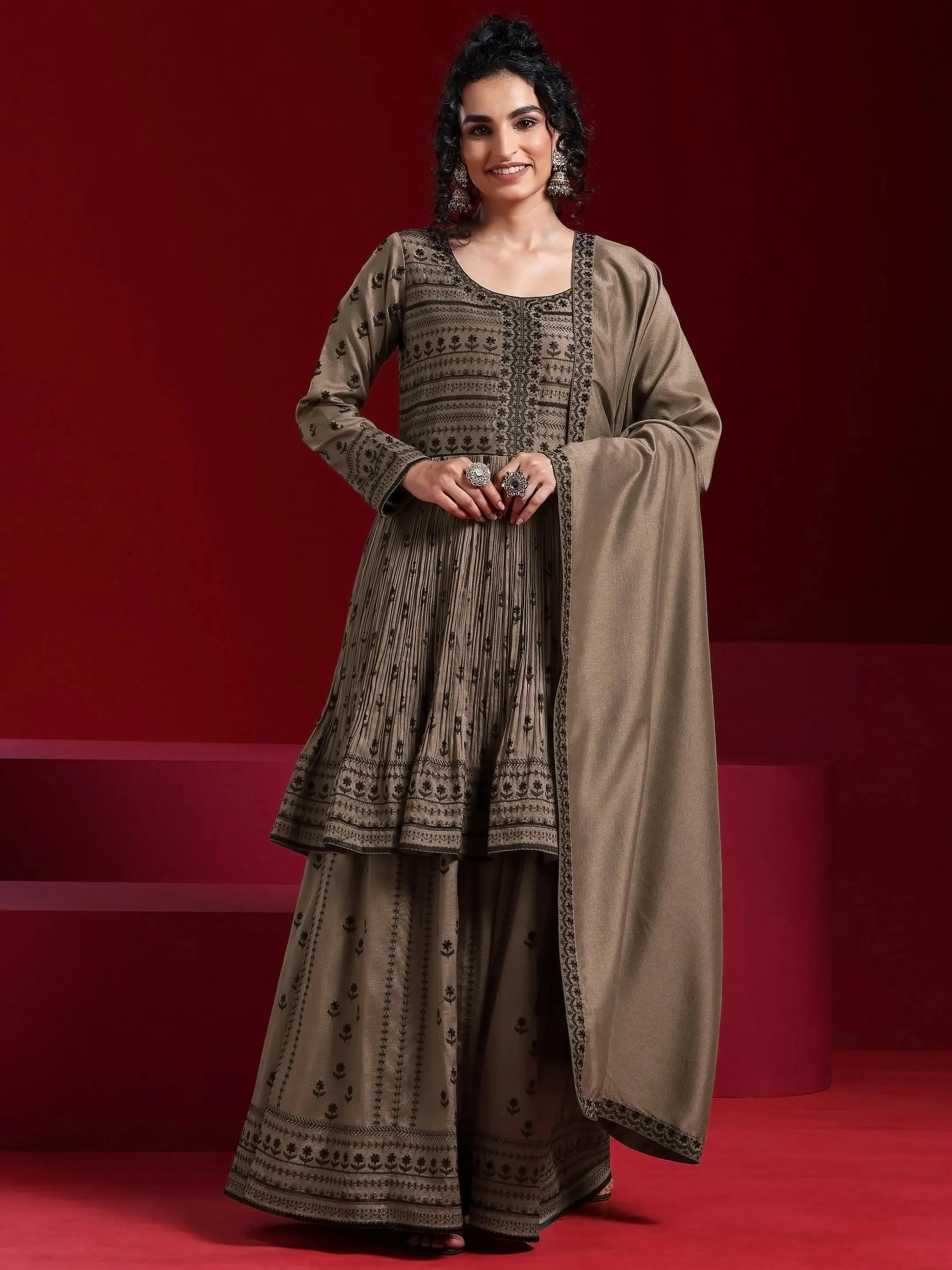 Jashvi Art Brown Embroidered Silk Blend A-Line Kurta With Sharara & Dupatta