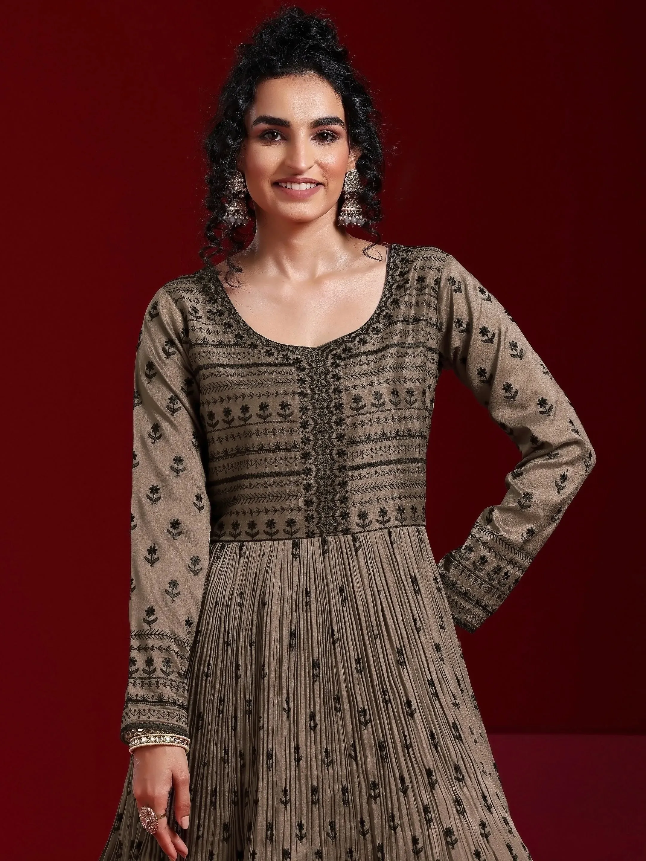 Jashvi Art Brown Embroidered Silk Blend A-Line Kurta With Sharara & Dupatta