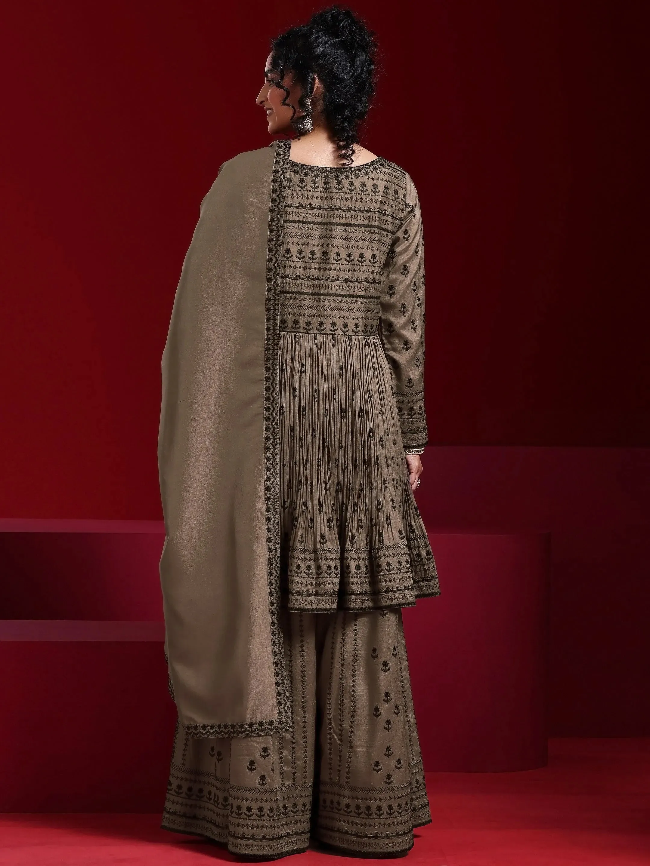 Jashvi Art Brown Embroidered Silk Blend A-Line Kurta With Sharara & Dupatta