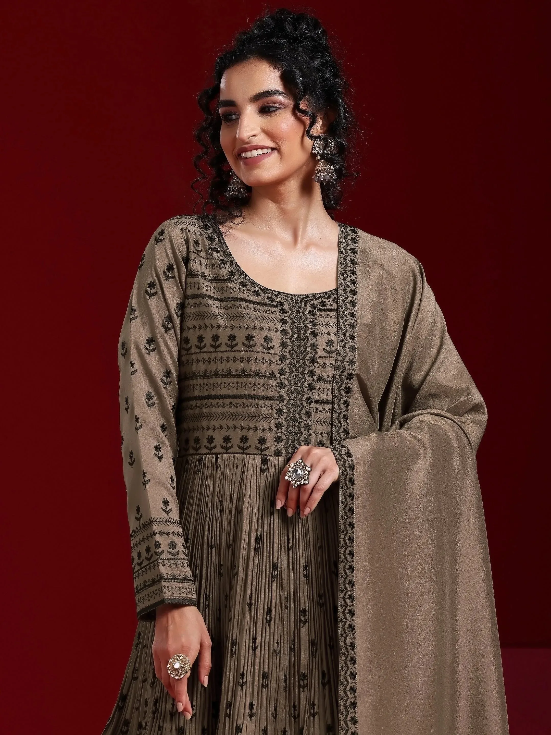 Jashvi Art Brown Embroidered Silk Blend A-Line Kurta With Sharara & Dupatta