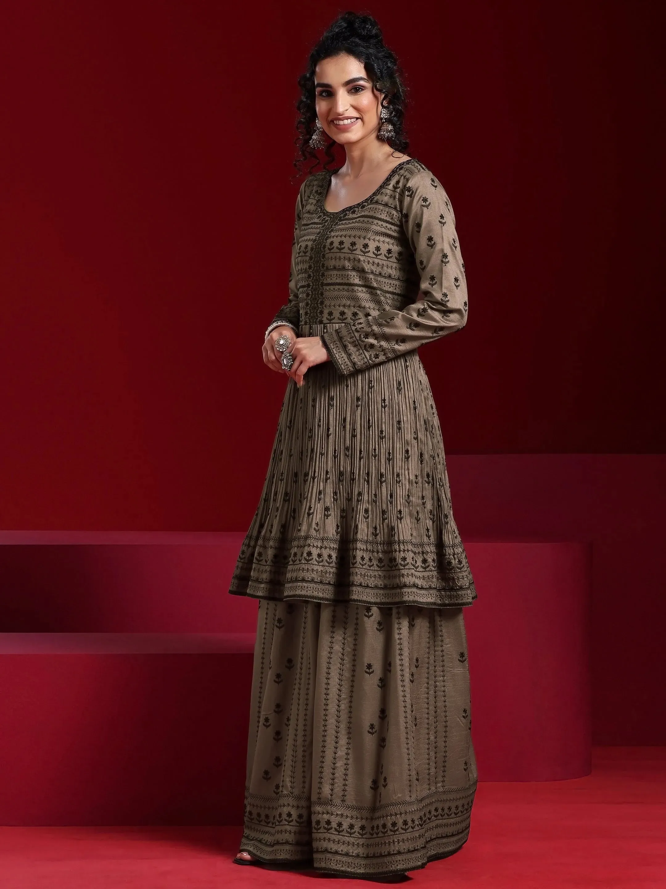 Jashvi Art Brown Embroidered Silk Blend A-Line Kurta With Sharara & Dupatta