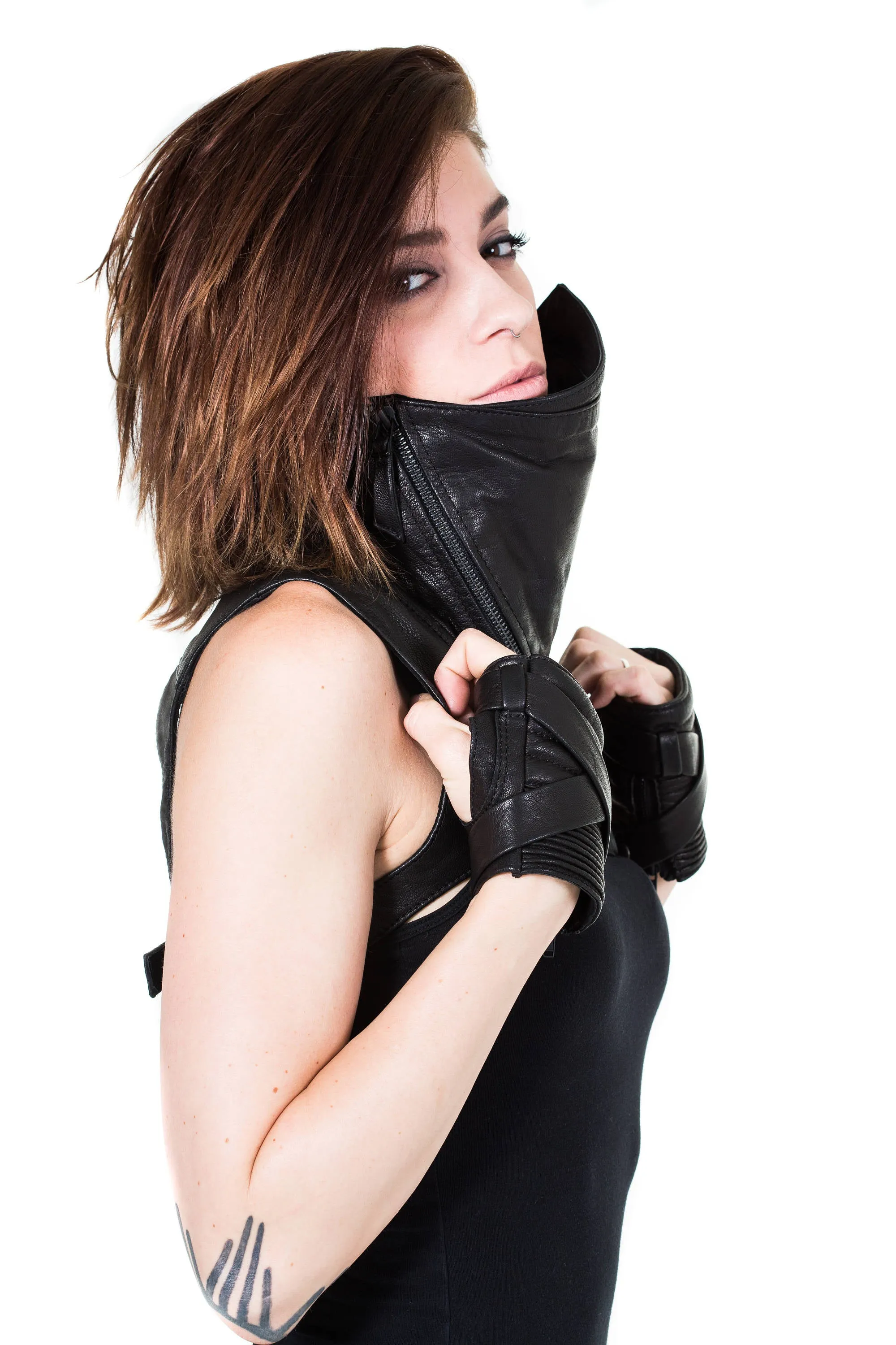 KROSS WRAP KOMBAT Black Fingerless Leather Gloves