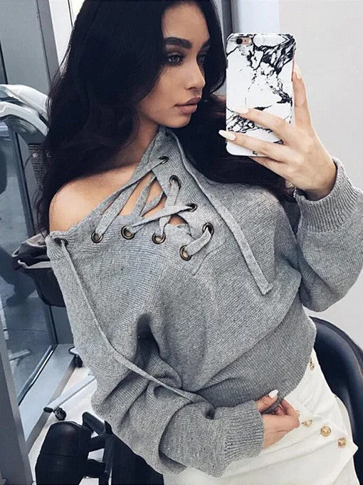Lace Up Crop Knit Top in Grey