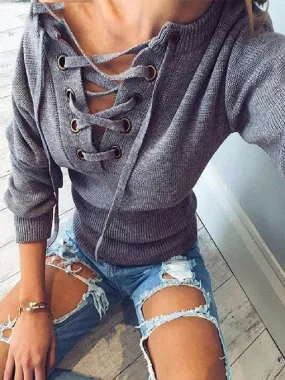 Lace Up Crop Knit Top in Grey