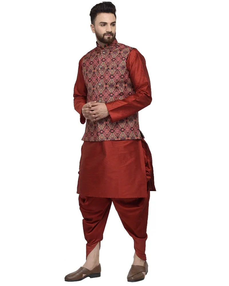 Men's Maroon Kurta With Dhoti & Multi Printed Nehru Jacket - Benstoke