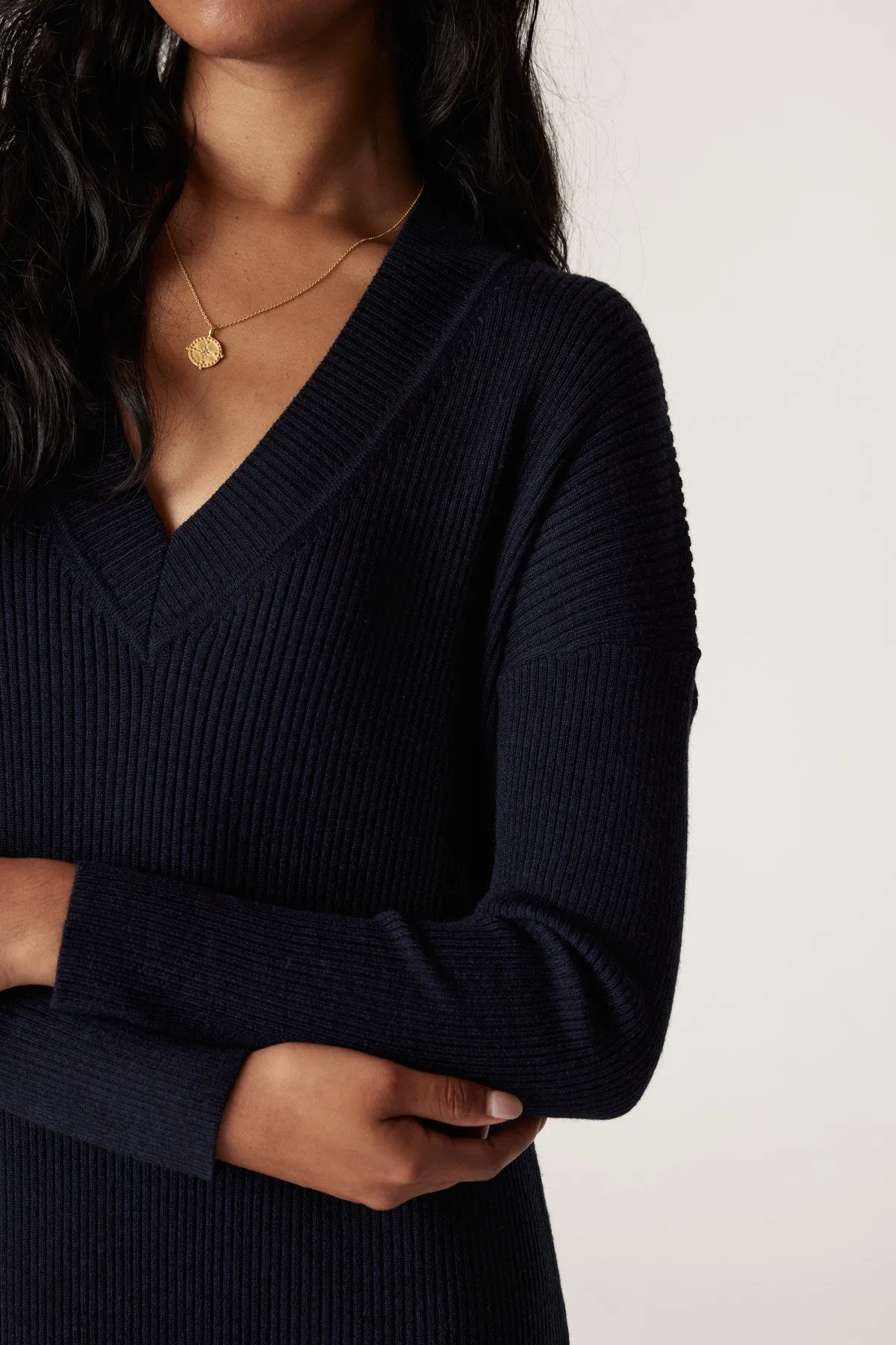 Merino V Rib Dress - Ink Navy