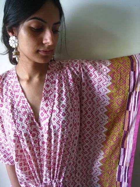 Pink Checkered V-Neck, Ankle Length, Cinched Waist Caftan