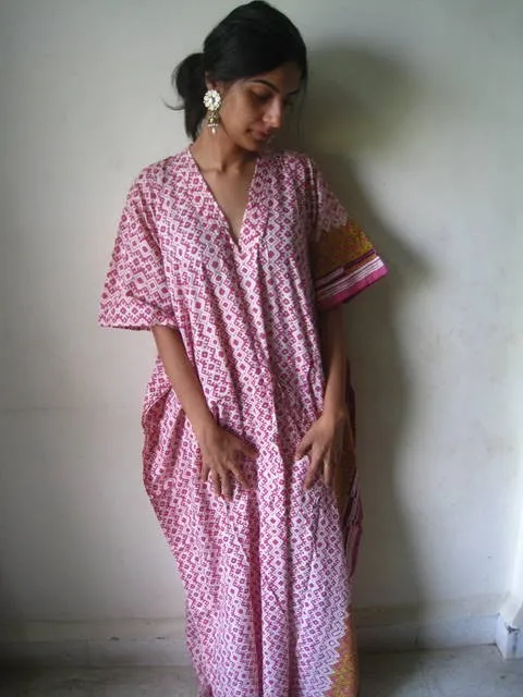 Pink Checkered V-Neck, Ankle Length, Cinched Waist Caftan