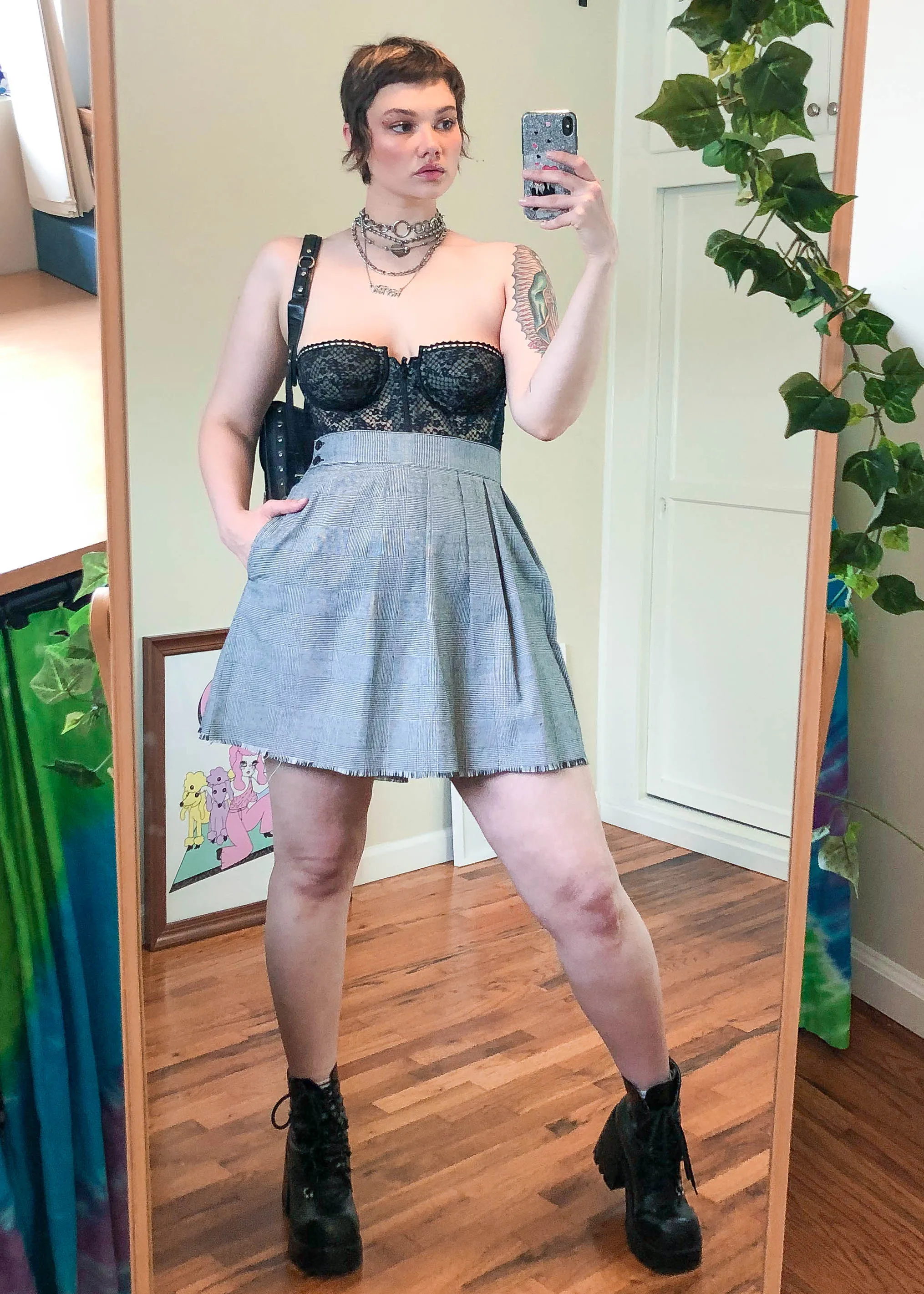 Vintage Black and White Check Pleated Mini Skirt - 3X