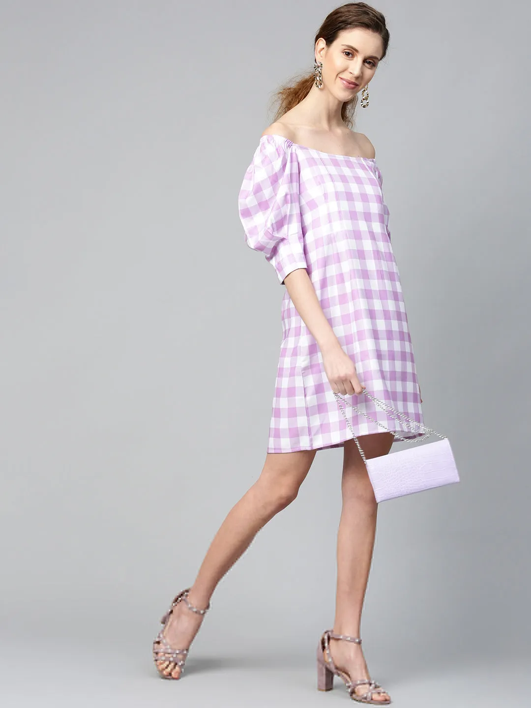 Women Lavender Check & White Puff Sleeve Shift Dress