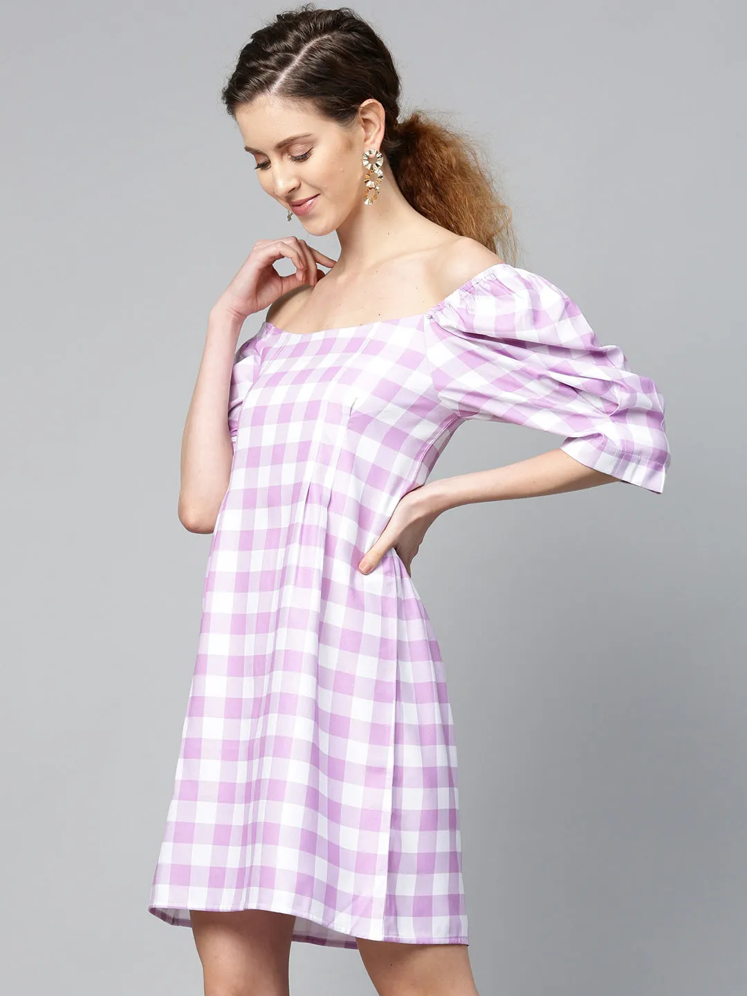 Women Lavender Check & White Puff Sleeve Shift Dress