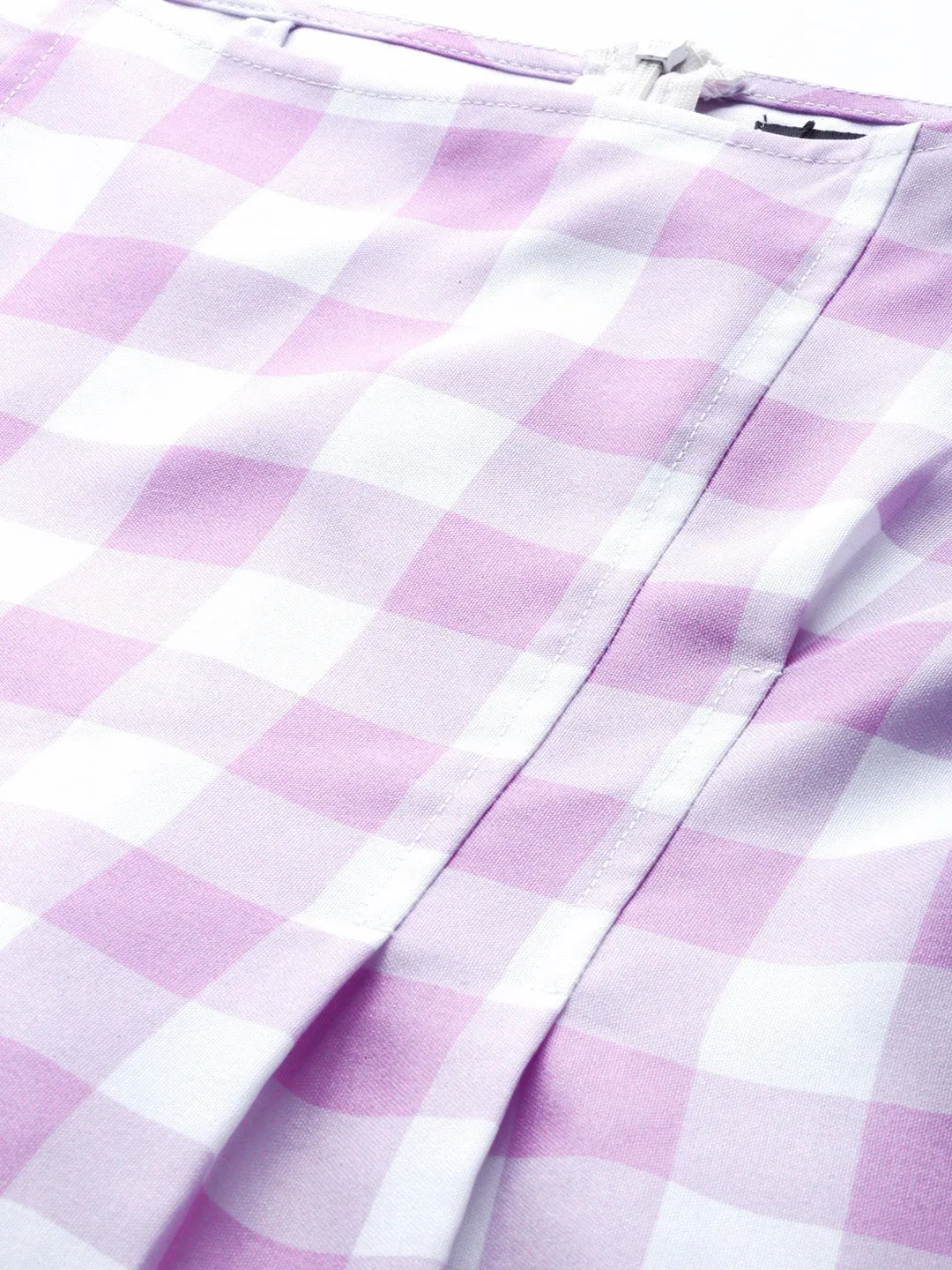 Women Lavender Check & White Puff Sleeve Shift Dress