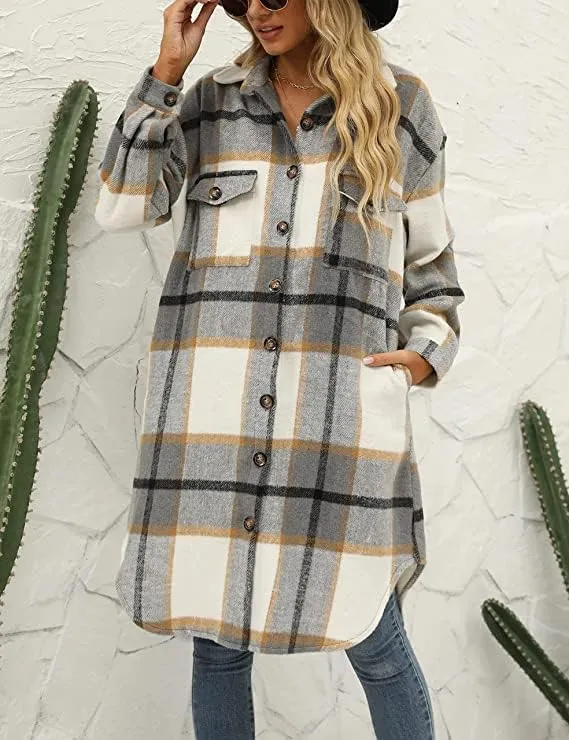 Women's Button up Long Sleeve Plaid Shirt Jacket