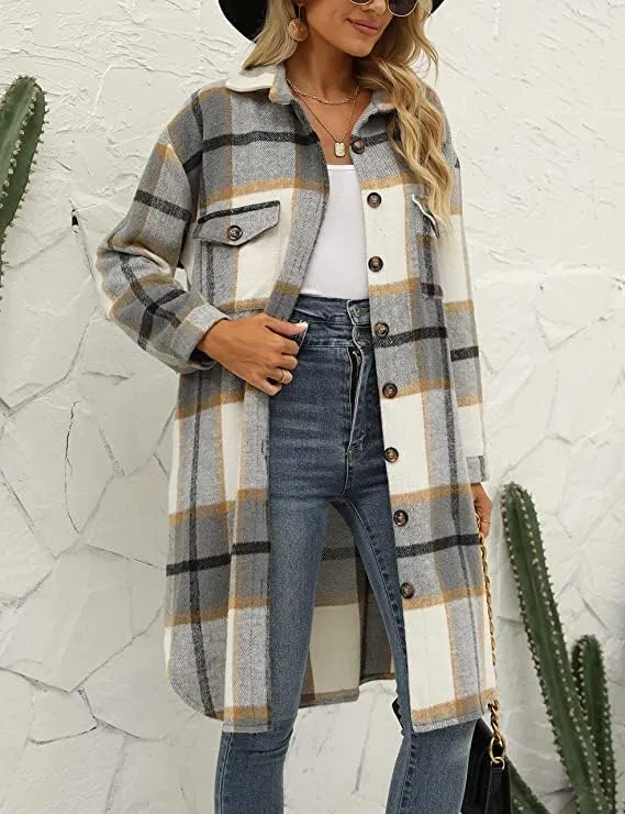 Women's Button up Long Sleeve Plaid Shirt Jacket