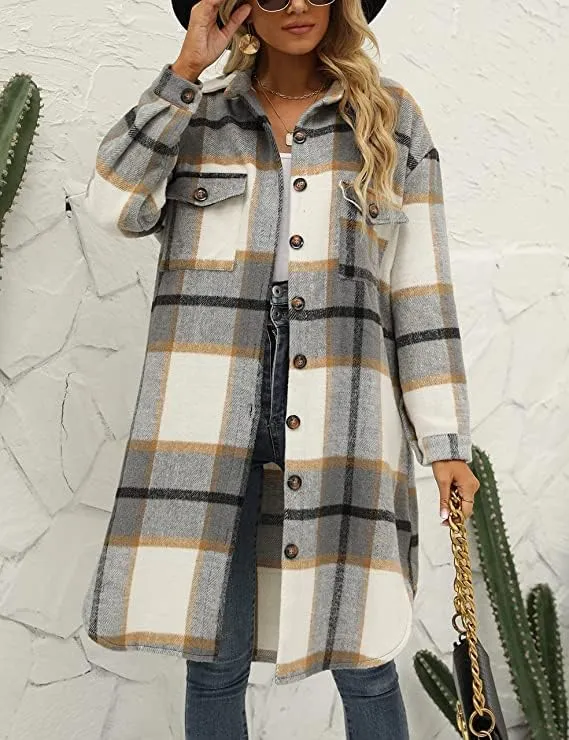 Women's Button up Long Sleeve Plaid Shirt Jacket