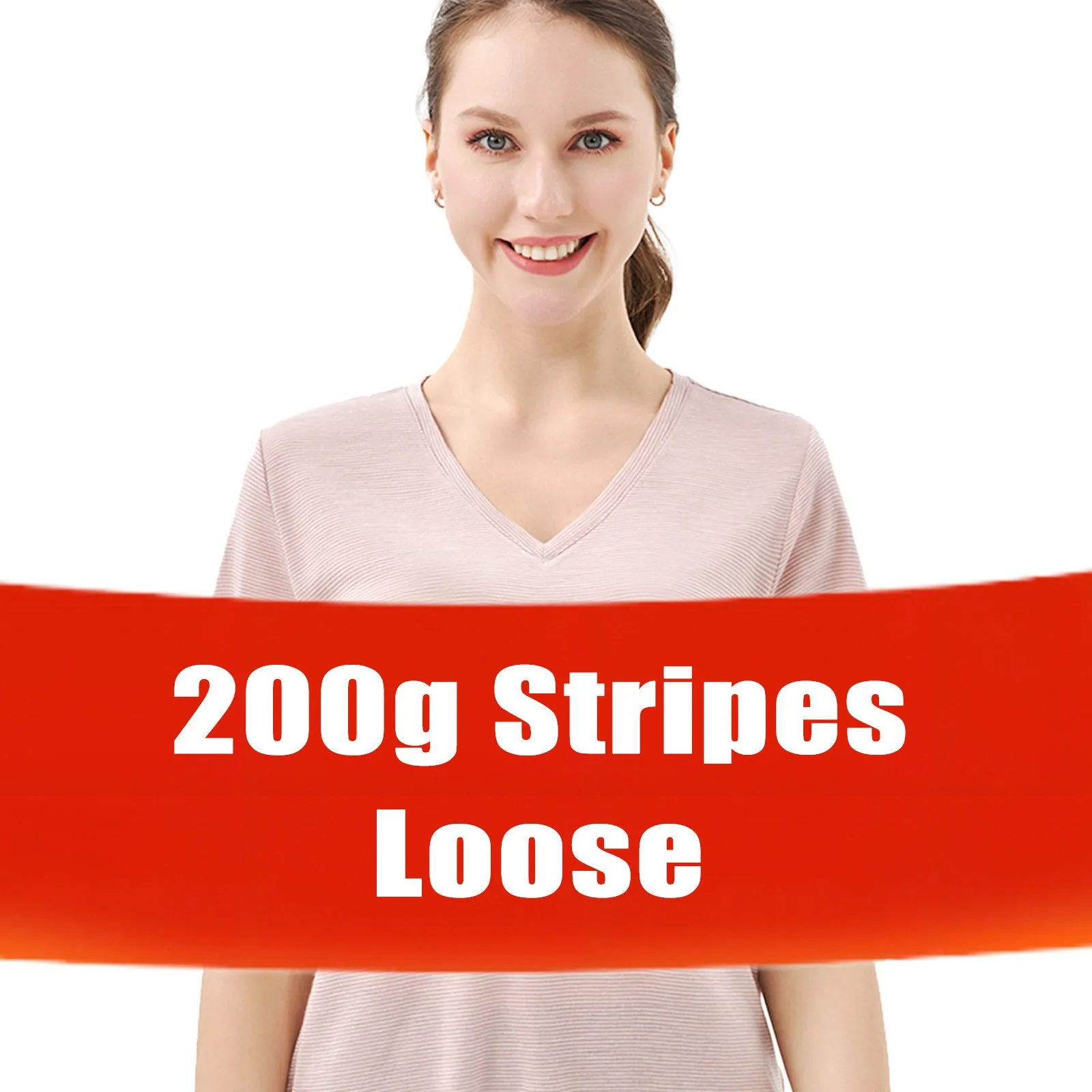 Women's Merino 200g V-Neck Short Sleeve T-Shirt Pink White Stripes