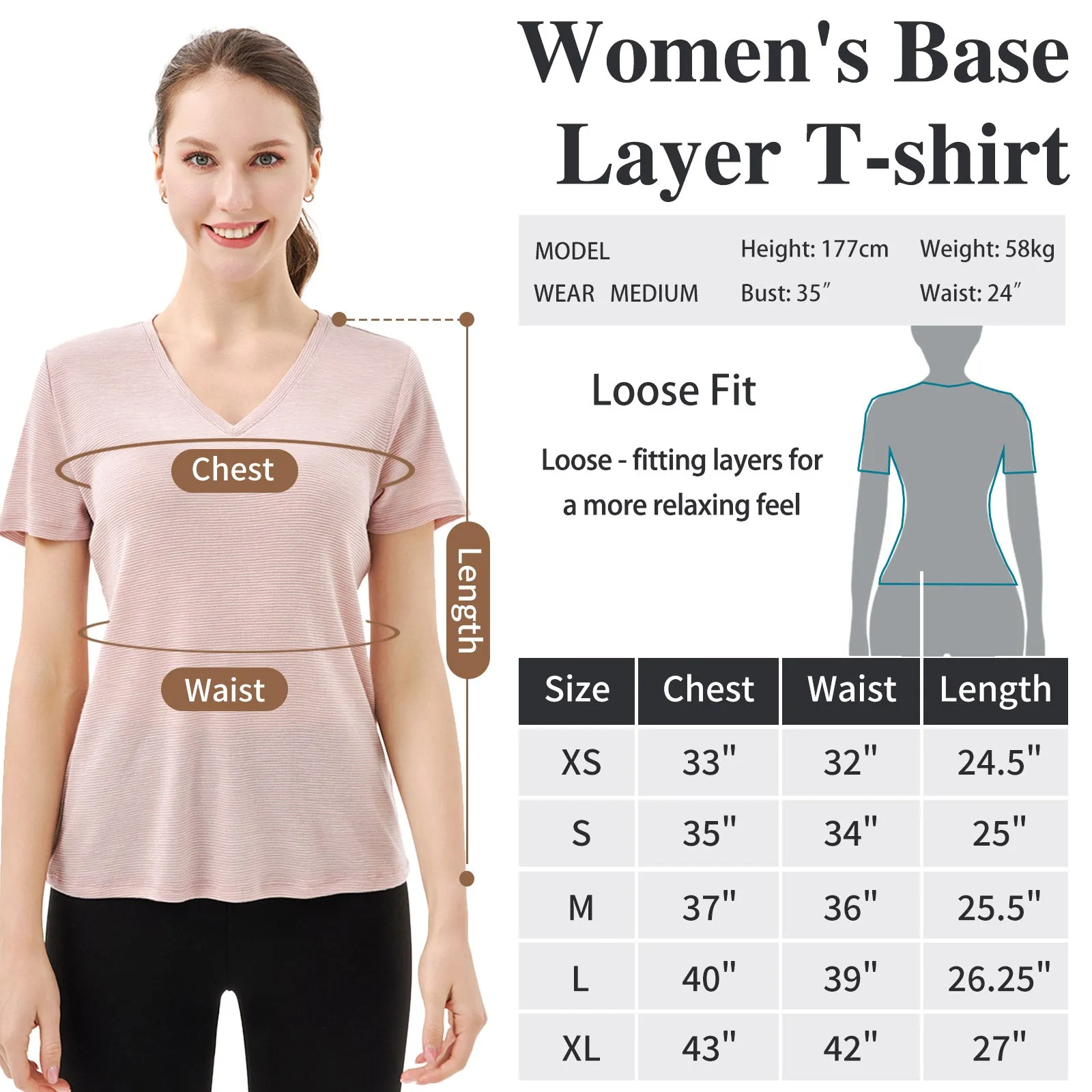 Women's Merino 200g V-Neck Short Sleeve T-Shirt Pink White Stripes