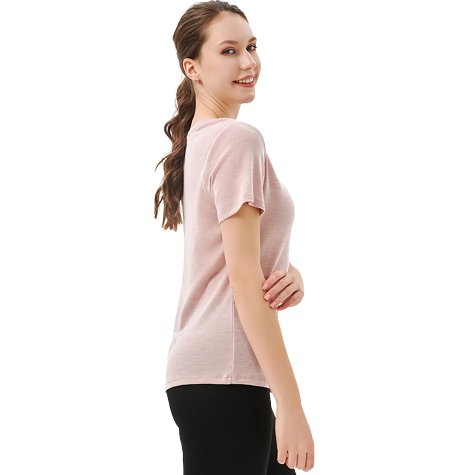 Women's Merino 200g V-Neck Short Sleeve T-Shirt Pink White Stripes