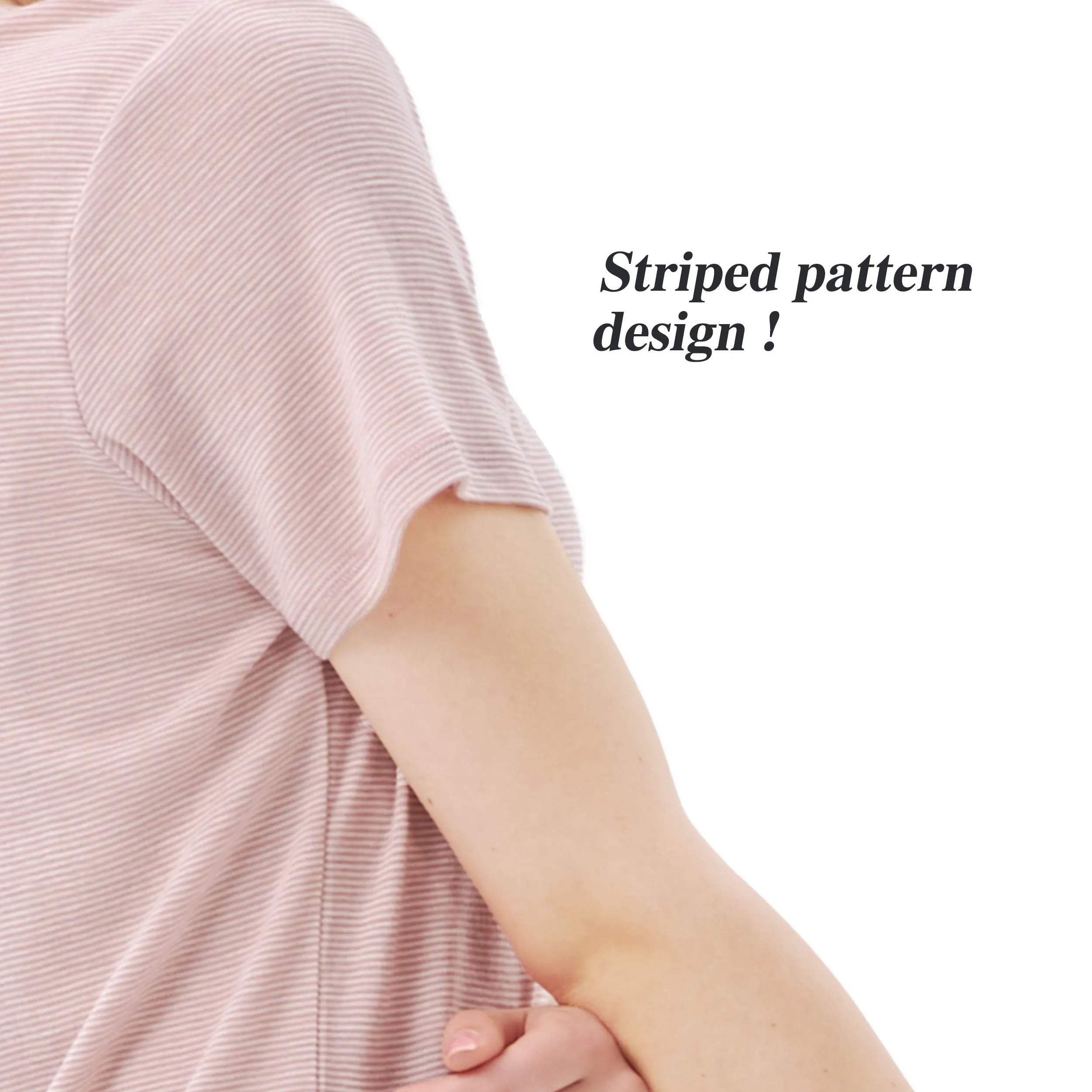 Women's Merino 200g V-Neck Short Sleeve T-Shirt Pink White Stripes