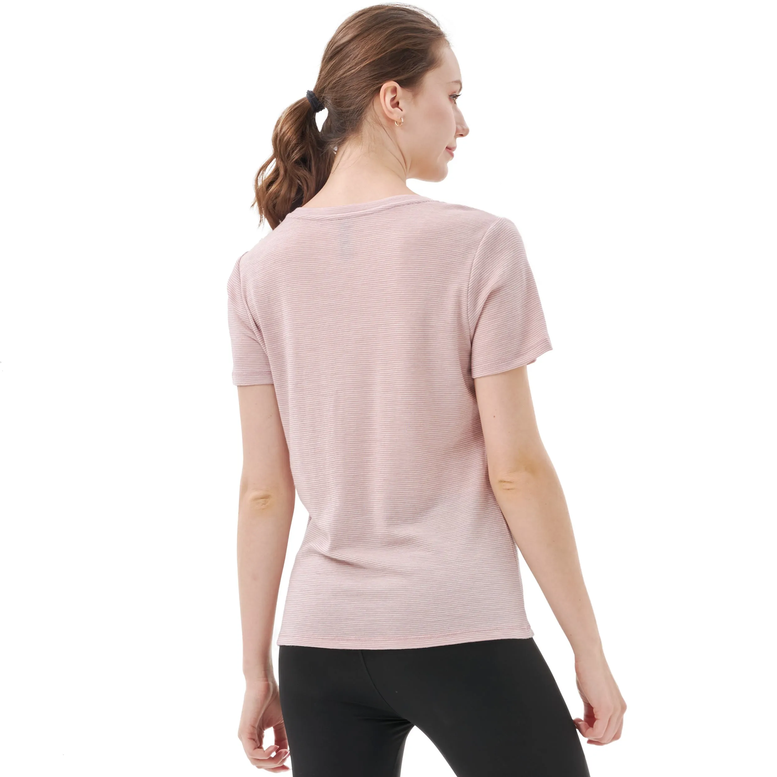 Women's Merino 200g V-Neck Short Sleeve T-Shirt Pink White Stripes